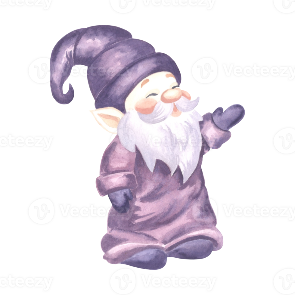 Cute standing gnome in purple conus hat watercolor illustration isolated. Hand drawn fairy dreams elf for baby design. Magic dwarf funny smiling character. Sticker in cozy kids style for nursery decor png