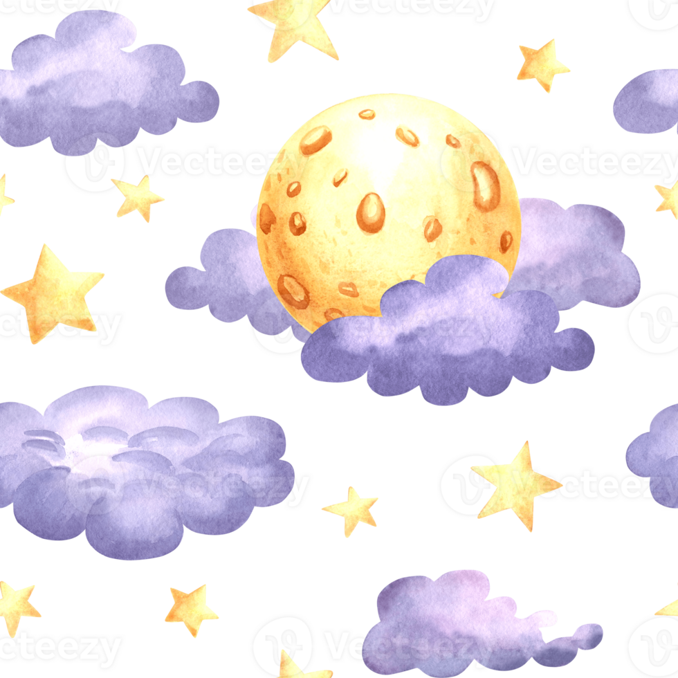 Clouds, stars and full yellow moons seamless watercolor pattern. Hand drawn illustration for nursery wallpaper or baby textile designs. Funny celestial background in kids fairy dreams style. png