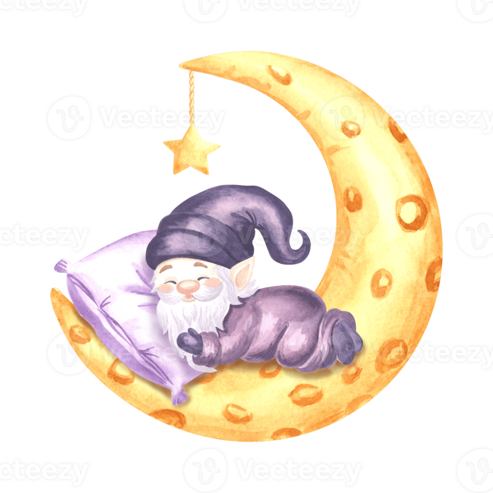 Cute little gnome sleeping on a yellow crescent moon watercolor illustration. Hand drawn isolated elf lying on a pillow for fairy dreams baby design. Magic dwarf character for kids product, textile. png