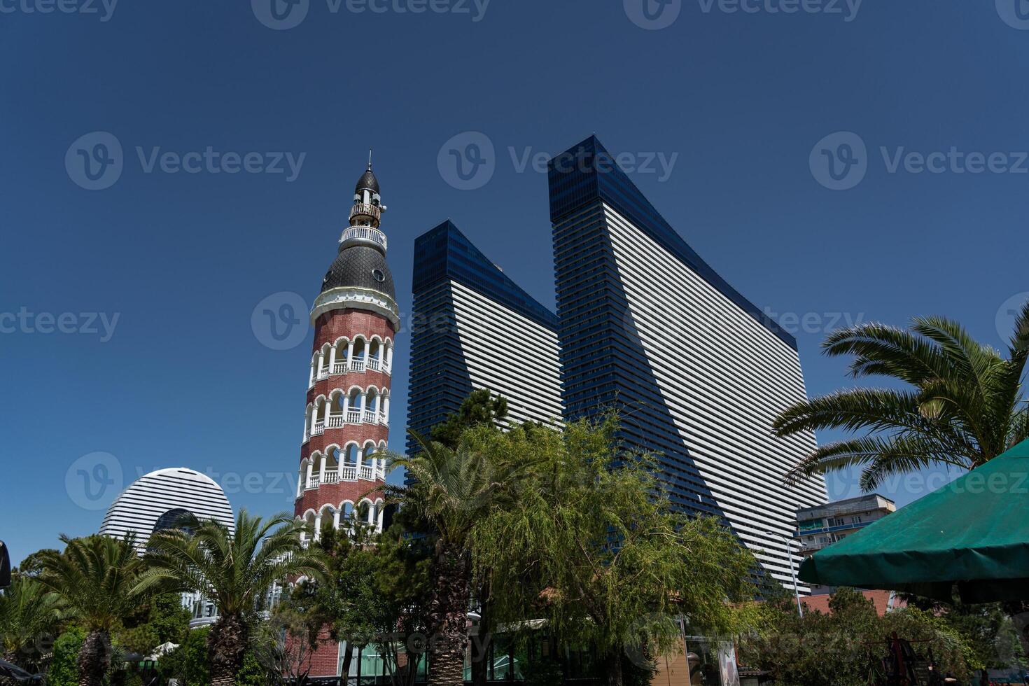 hotels in Batumi with clear sky and palm trees photo