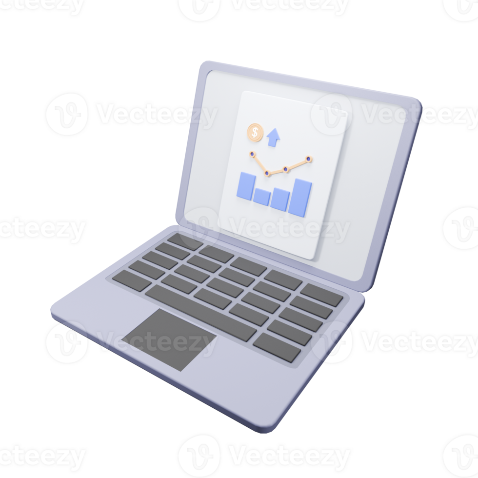 3d Render Laptop with Business Chart Report Illustration png