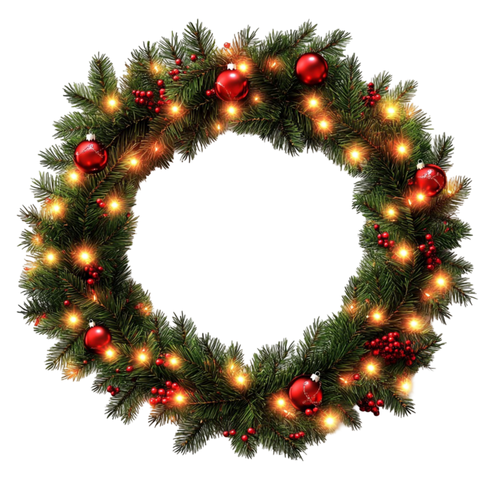 Christmas holiday wreath with glowing lights and green leaves png