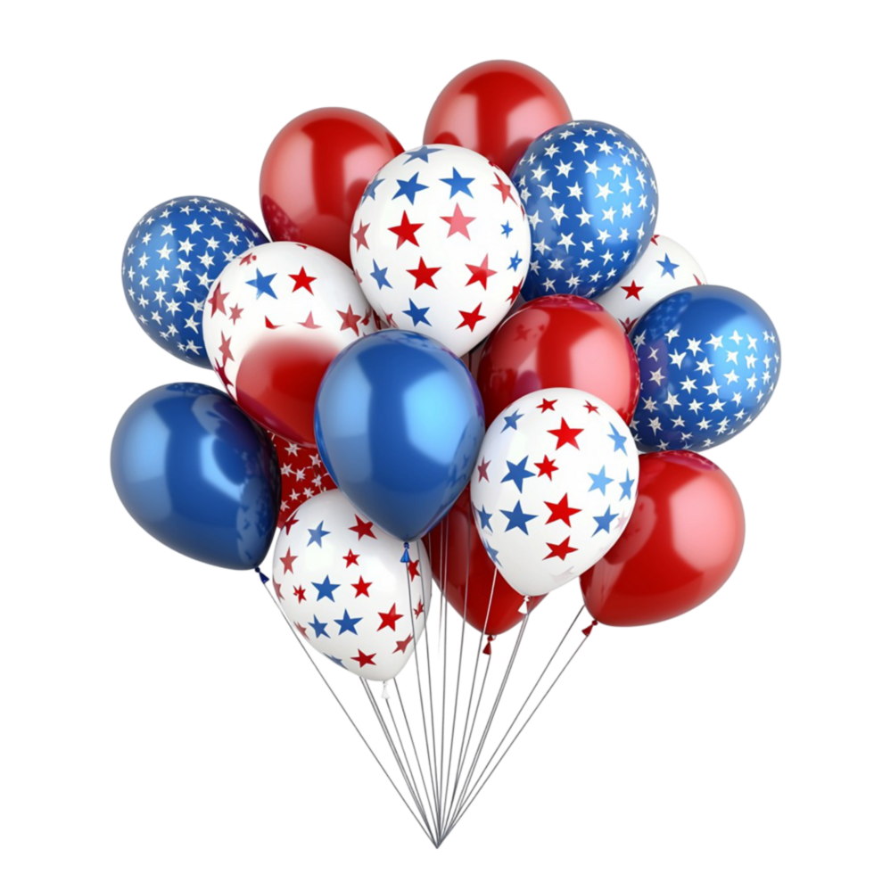 Red white blue balloons floating with stars and dots pattern png