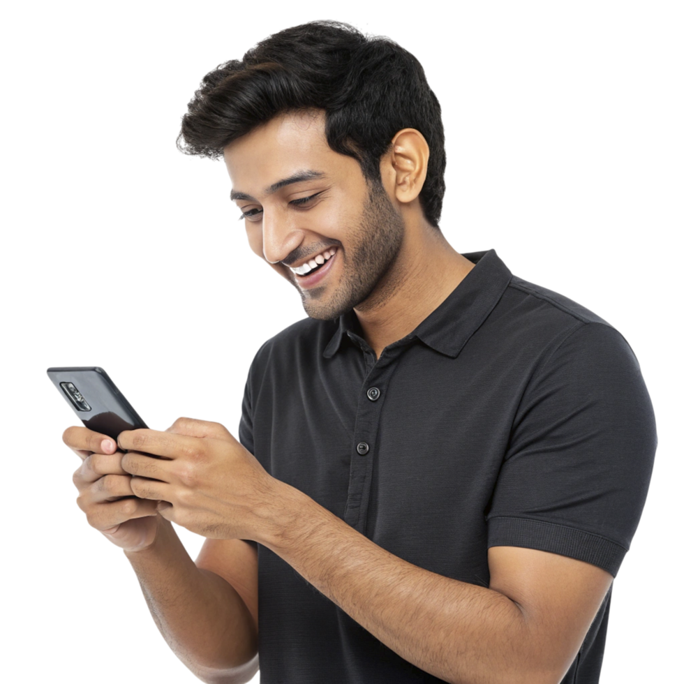A man in a black shirt is smiling while using his phone png