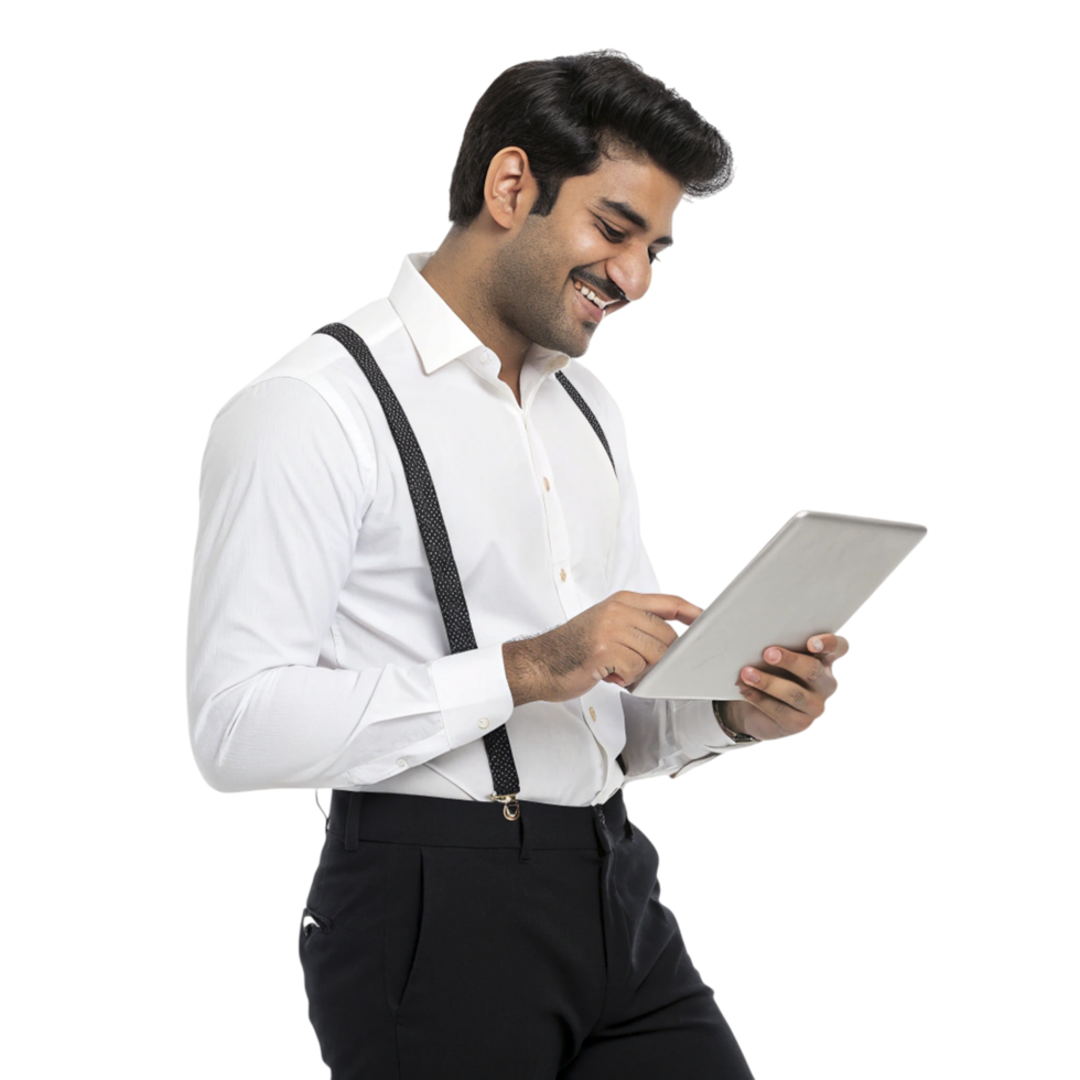 A man in a white shirt and suspenders is holding a tablet png