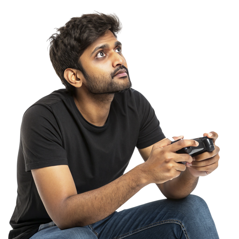 A man is sitting down holding a game controller png