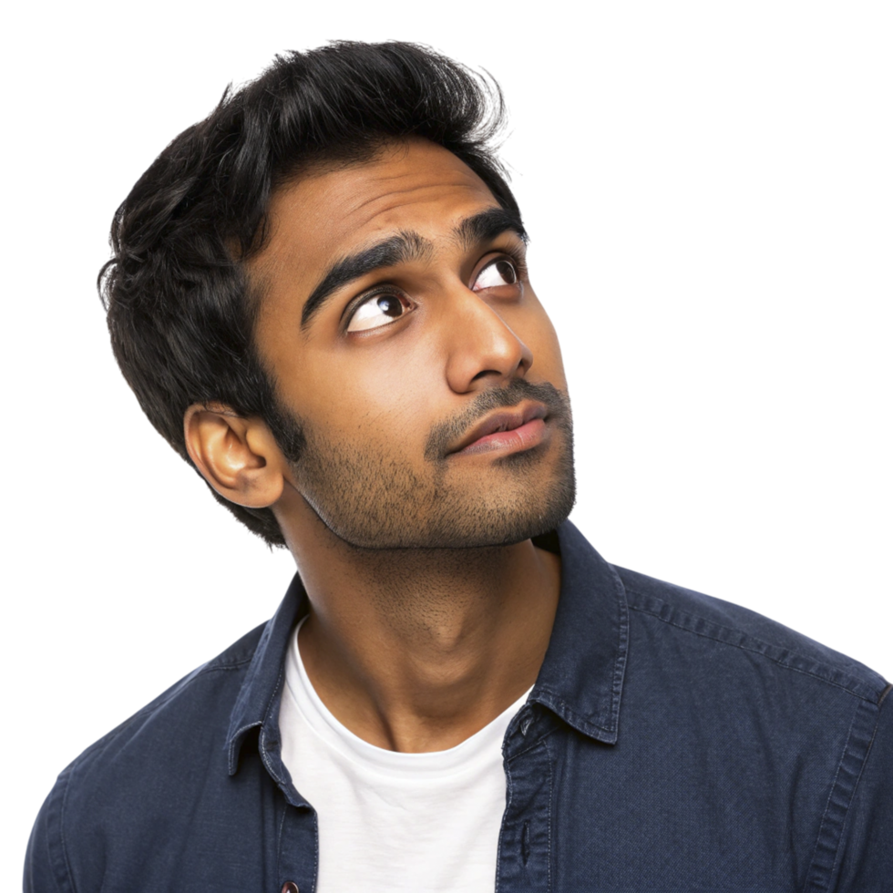 A man looking up with a blue shirt on png