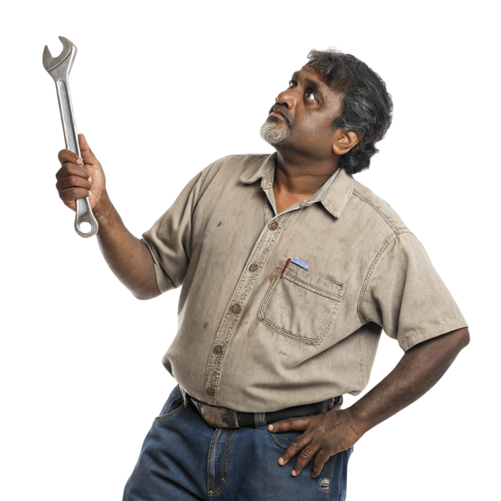 A man holding a wrench in his hand png