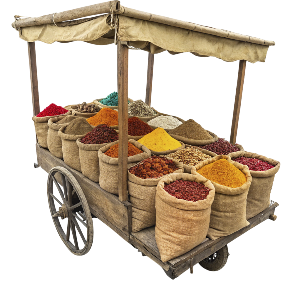 A cart with many bags of spices on it png