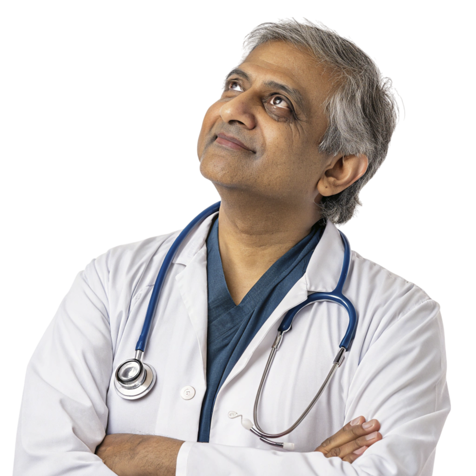 A male doctor with his arms crossed and his head up png