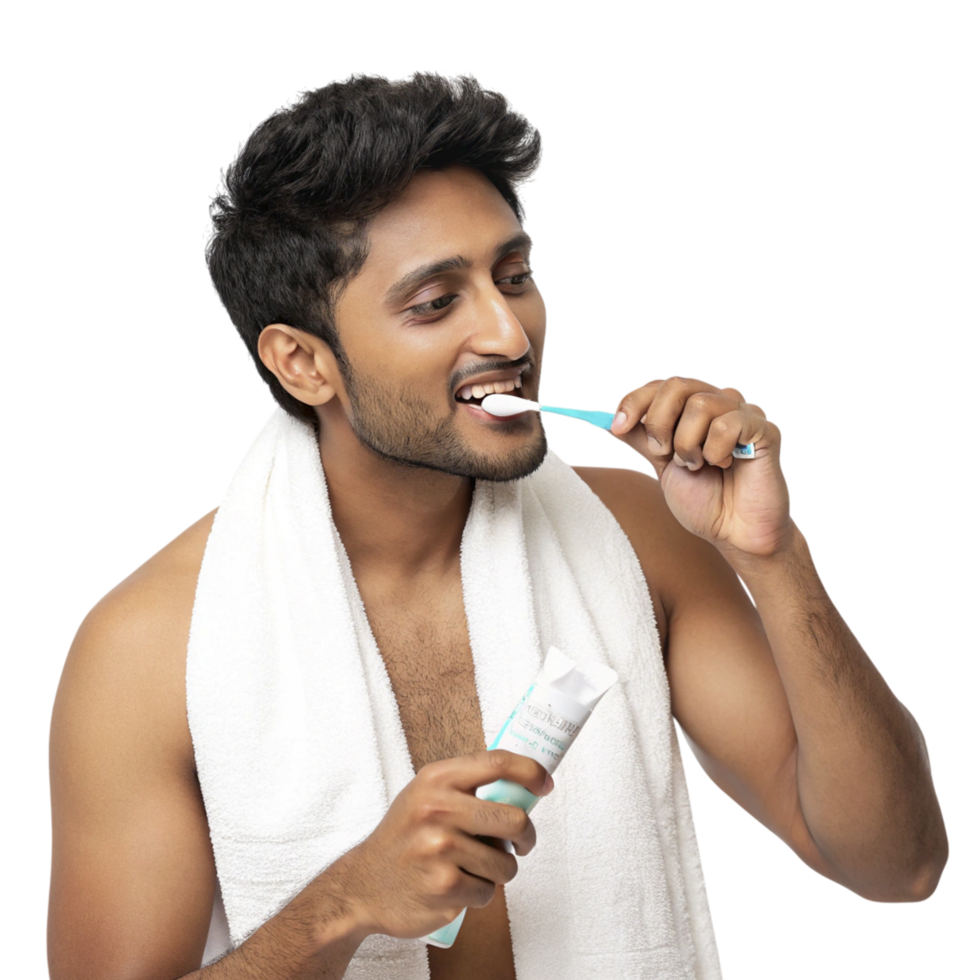 A man brushing his teeth with a toothbrush png