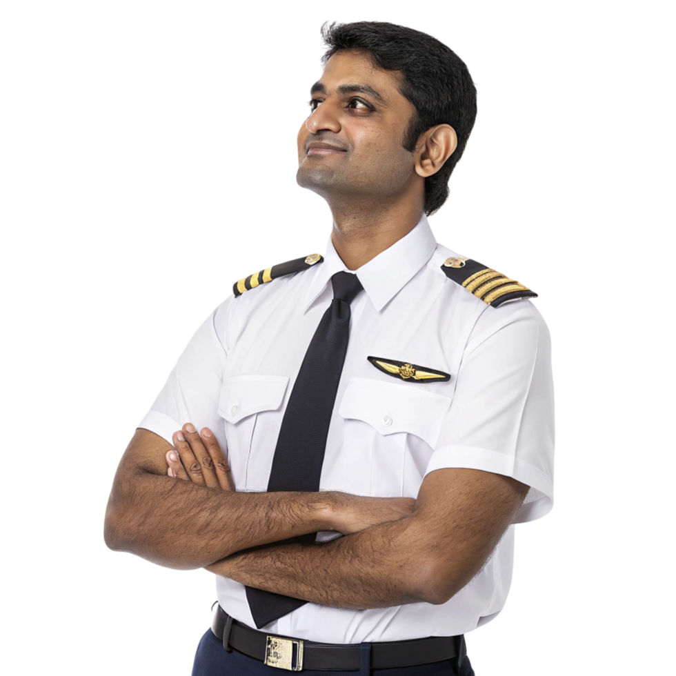 A man in a pilot uniform with his arms crossed png