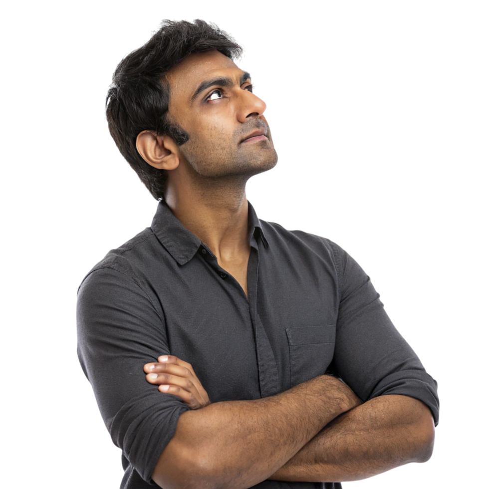 A man in a black shirt looking up png