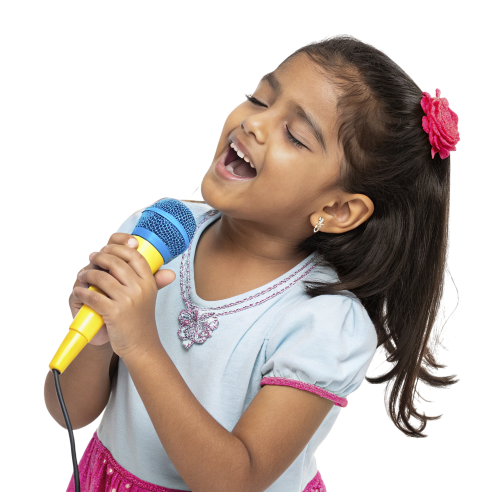 A young girl singing into a microphone png