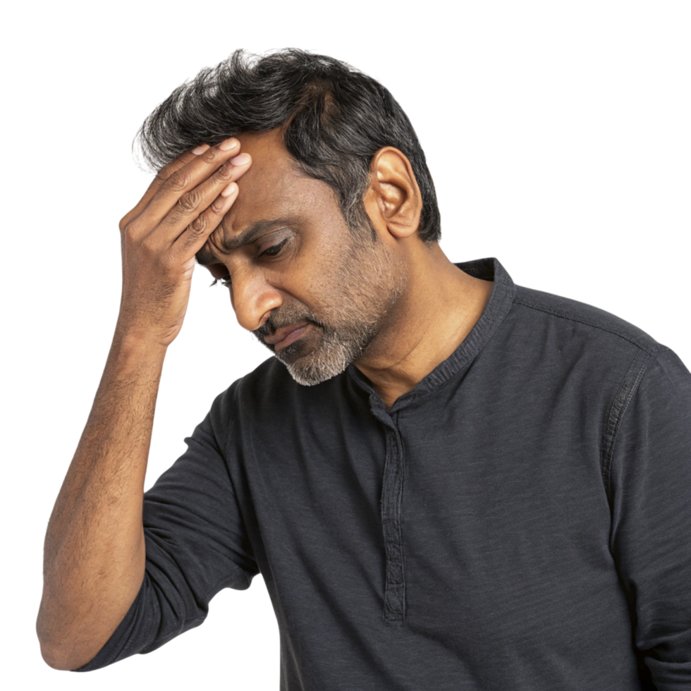 A man holding his head in his hands png