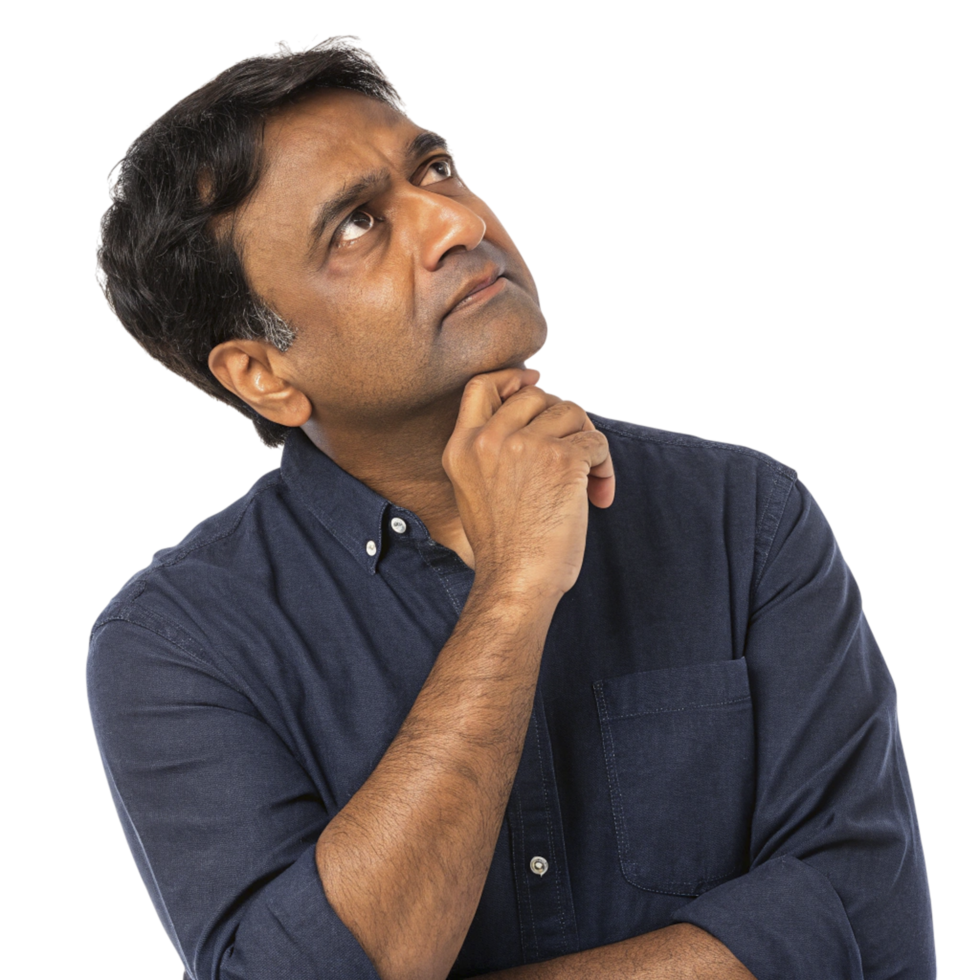 A man in a blue shirt is thinking png