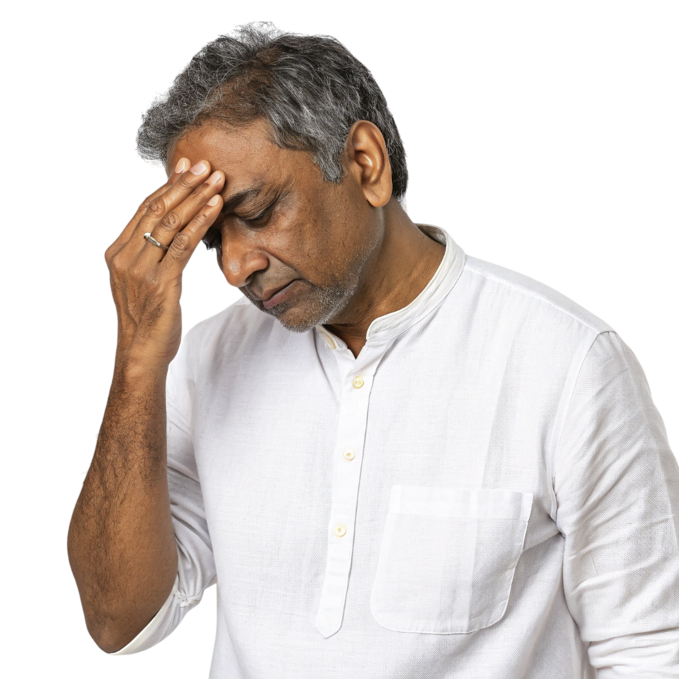 A man in a white shirt is holding his head png