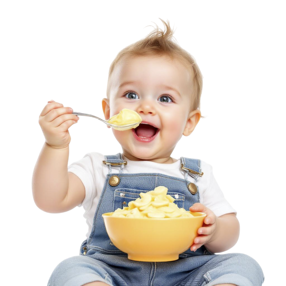 A baby in overalls eating a bowl of cereal png