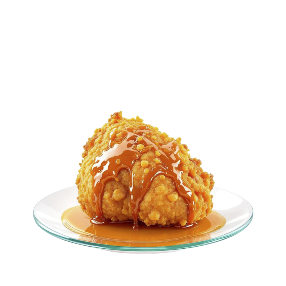 A fried chicken nugget with caramel sauce on a plate png