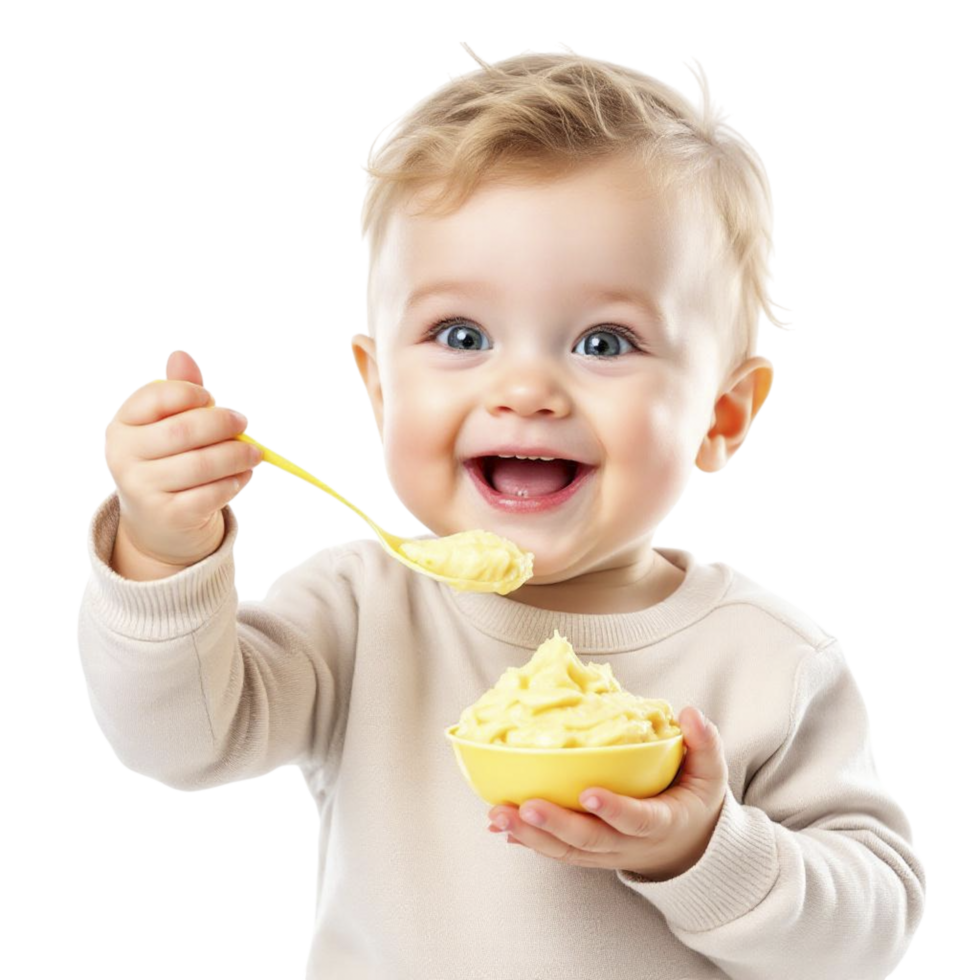 A baby is eating a bowl of yogurt png