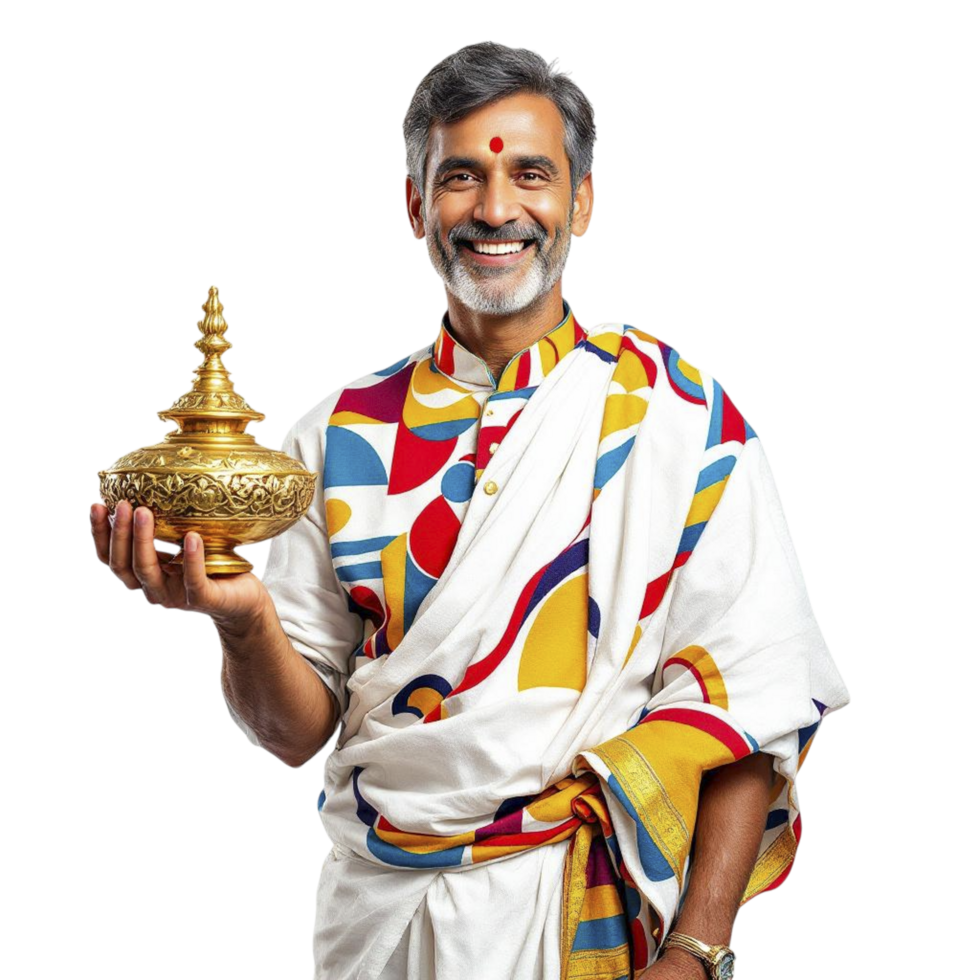 A man in traditional indian clothing holding a golden object png