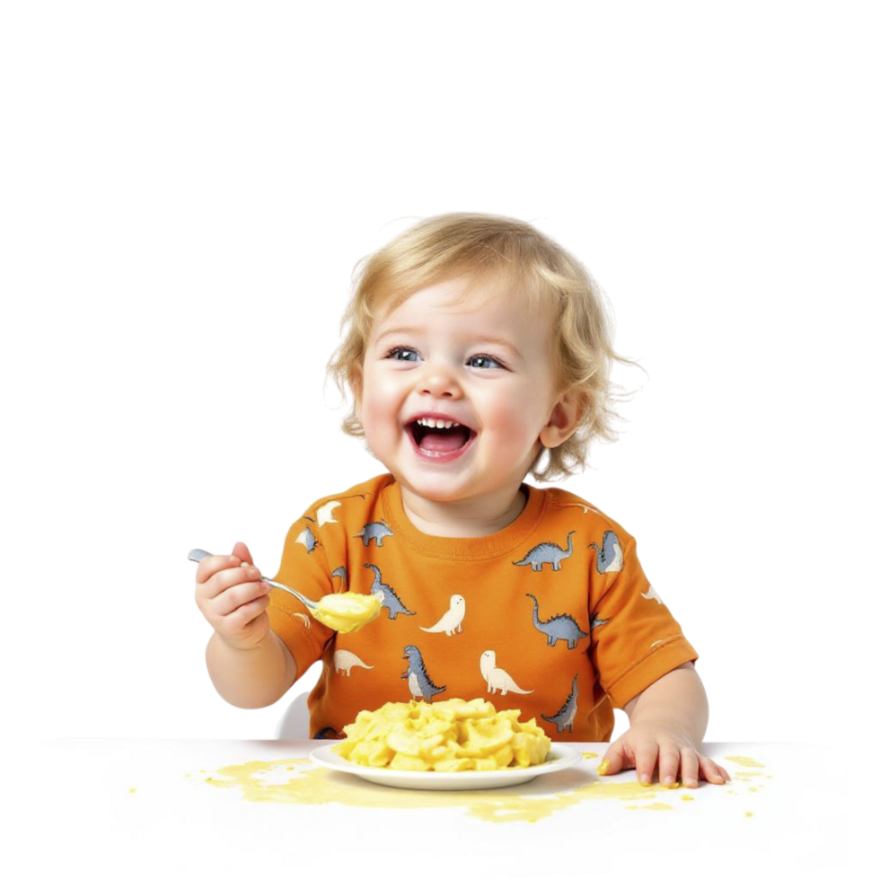 A toddler eating macaroni and cheese with a spoon png