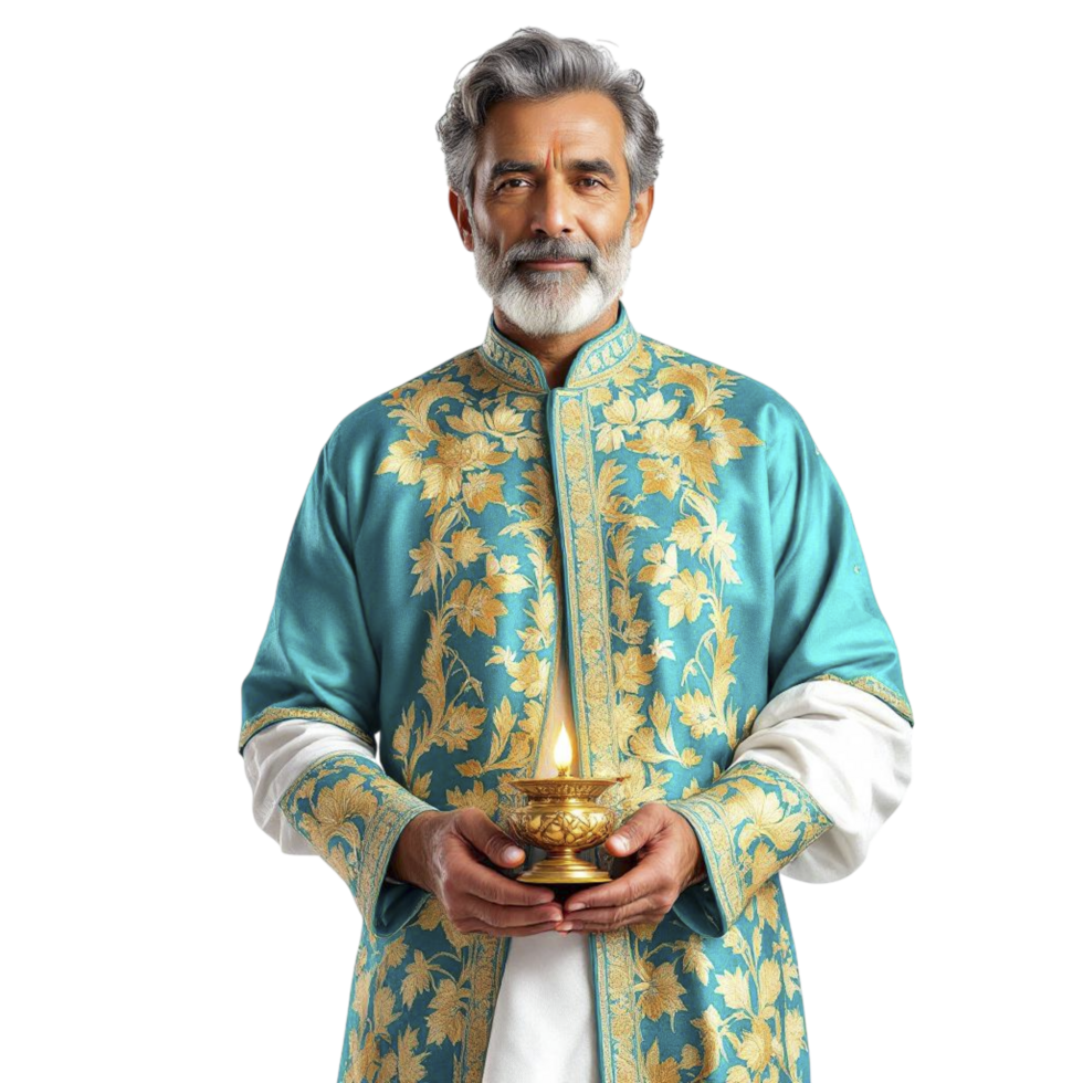 An elderly man in a traditional indian outfit holding a candle png