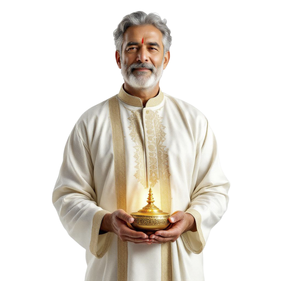 A man in a white robe holding a golden lamp png