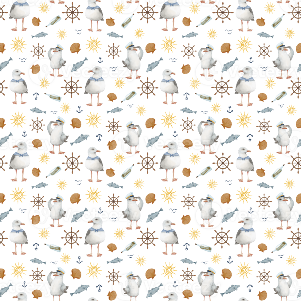 seamless watercolor pattern , seagulls, fishes and shells no background for fabric , wrapper and other design png