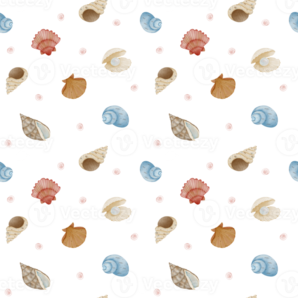 Seamless Watercolor Ocean Seashell Pattern. Vibrant Marine Art for Summertime Fabric and Wallpaper png