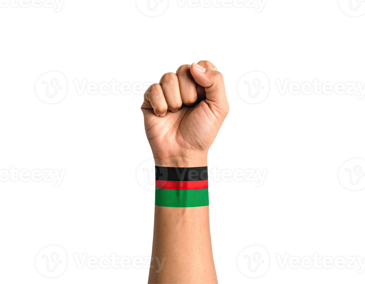 Raised Fist Wearing a Wristband with Black Red and Green Stripes on a Transparent Background png