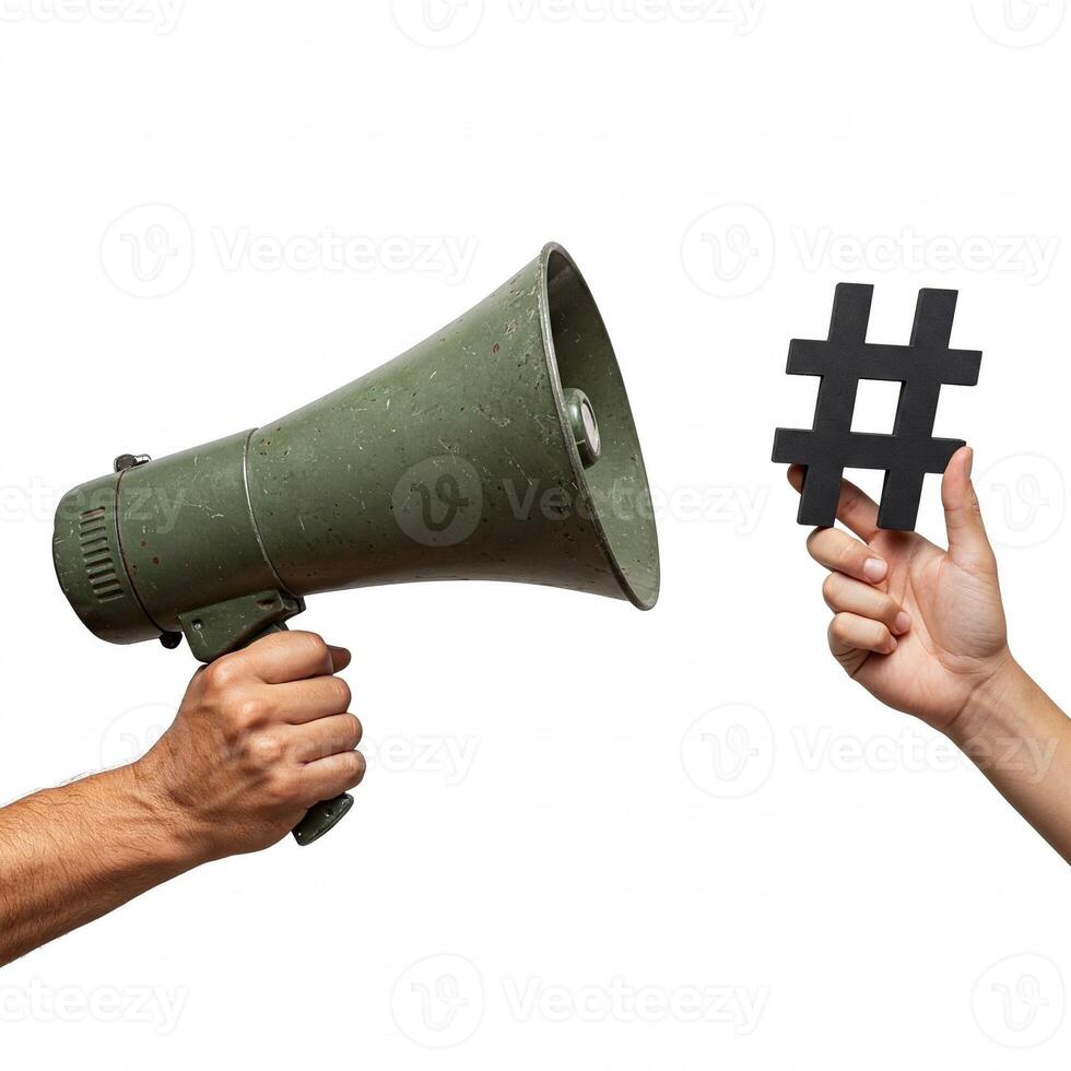 Hands holding up a hashtag symbol and a megaphone isolated on white, digital marketing concept photo
