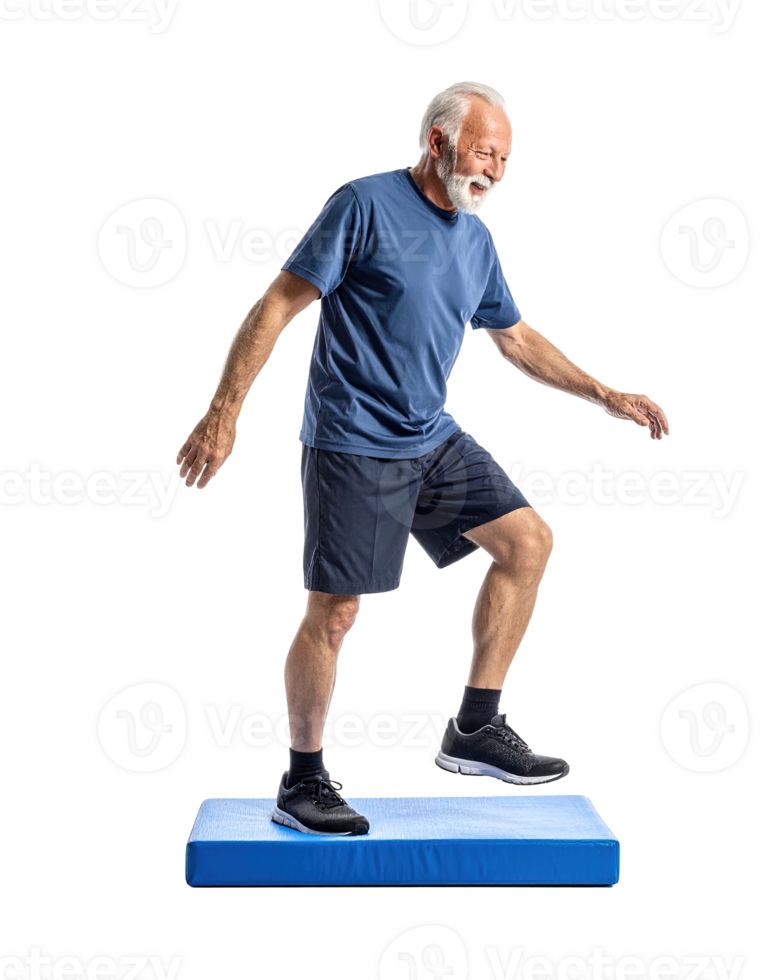 Elderly Man in Sportswear Steps Up on Blue Platform Isolated on Transparent Background png