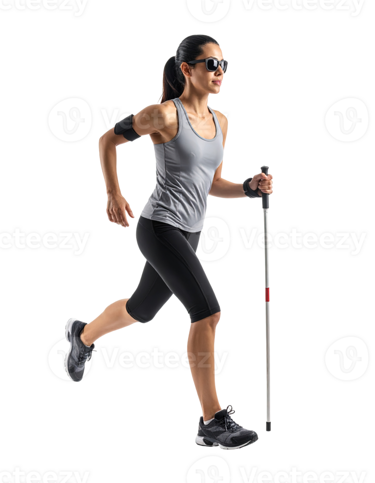 Energetic Woman Running With Poles On Transparent Background Wearing Sportswear Sunglasses png