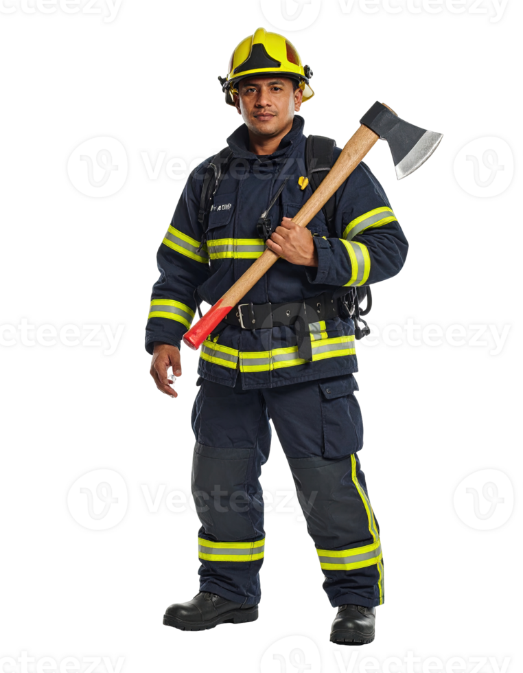 Firefighter Posing In Dark Blue Uniform Holding Axe Against Transparent Background png