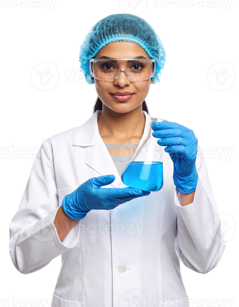 Young Scientist Holding a Flask with Blue Liquid Against Transparent Background Portrait View png