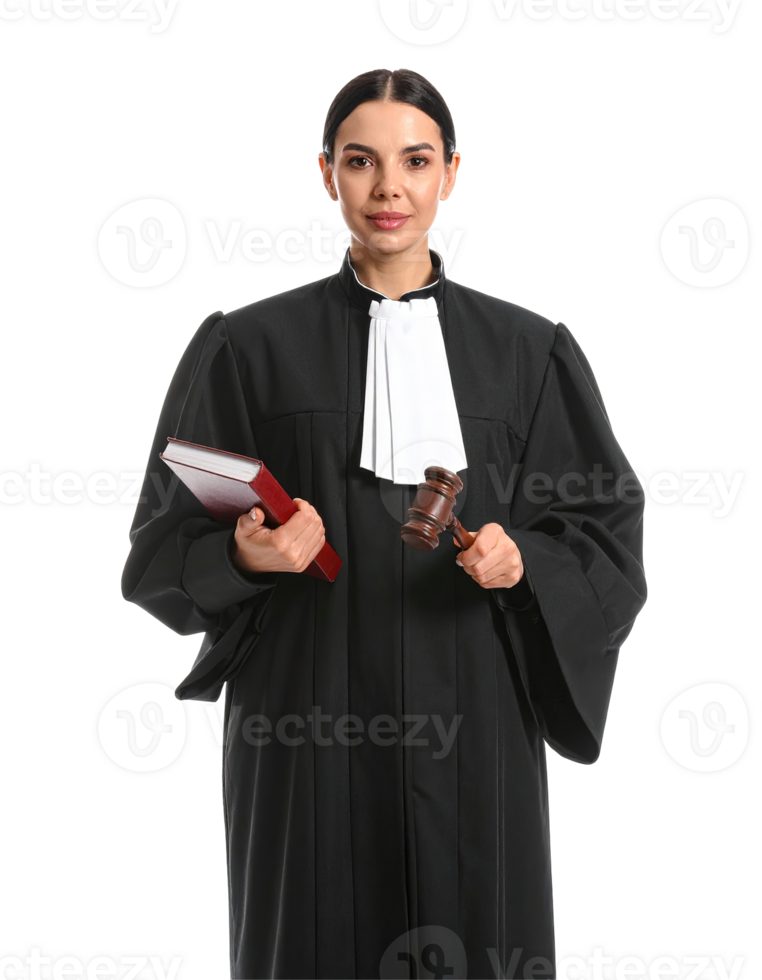 Female Judge in Black Robe Holding Gavel And Notepad Against Transparent Background png