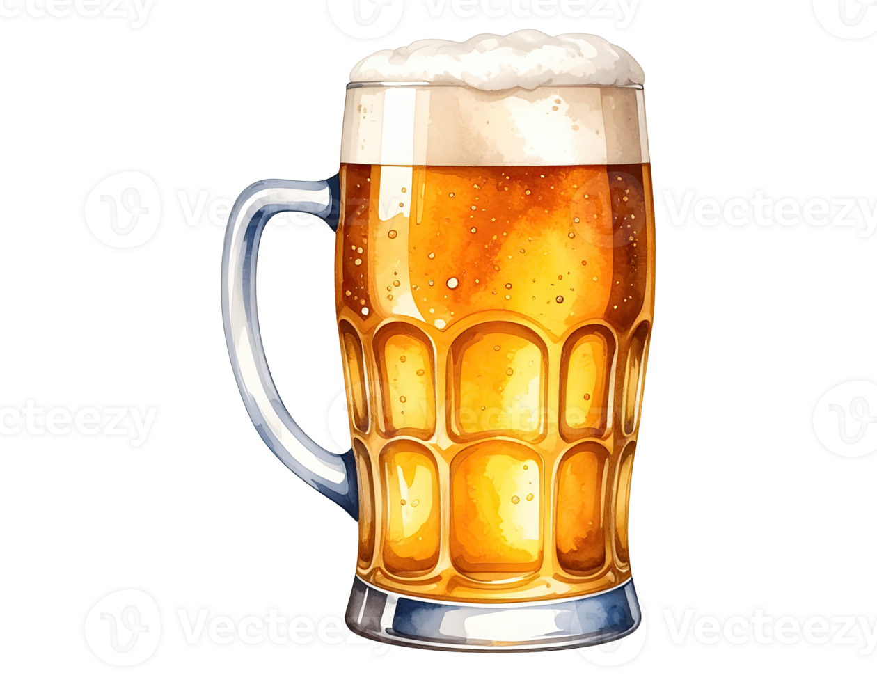 Watercolor illustration of a frothy beer mug on transparent background. png