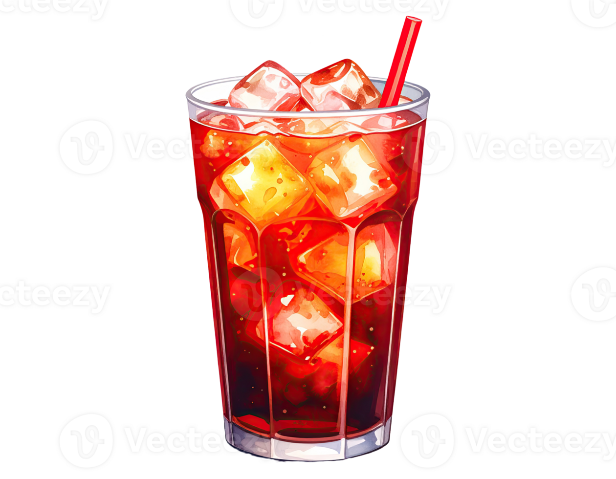 Watercolor illustration of a classic cola drink in a glass with ice. png