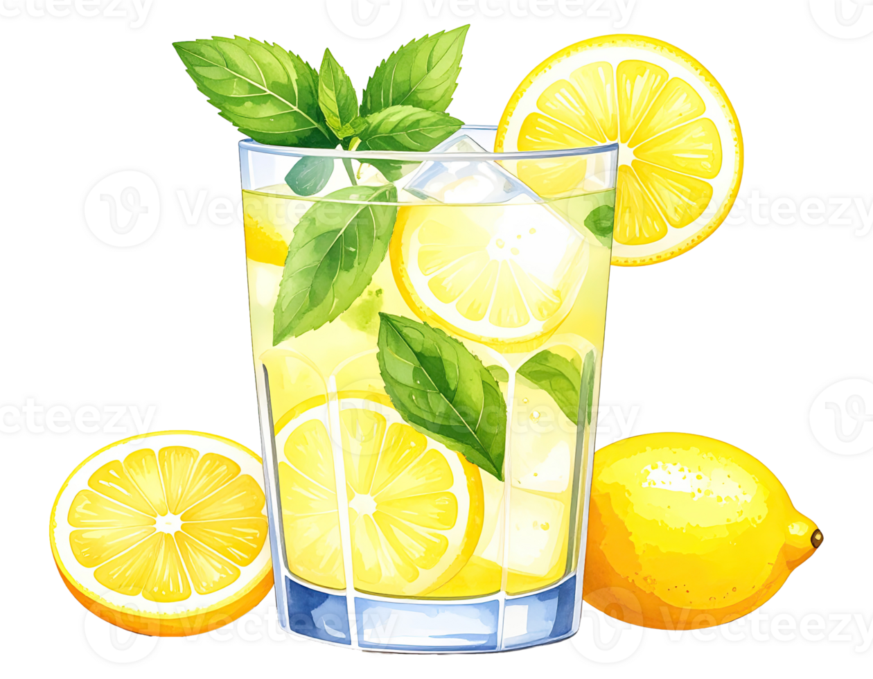 Watercolor illustration of a refreshing lemonade drink. Hand-painted glass of lemonade with lemon slices. png