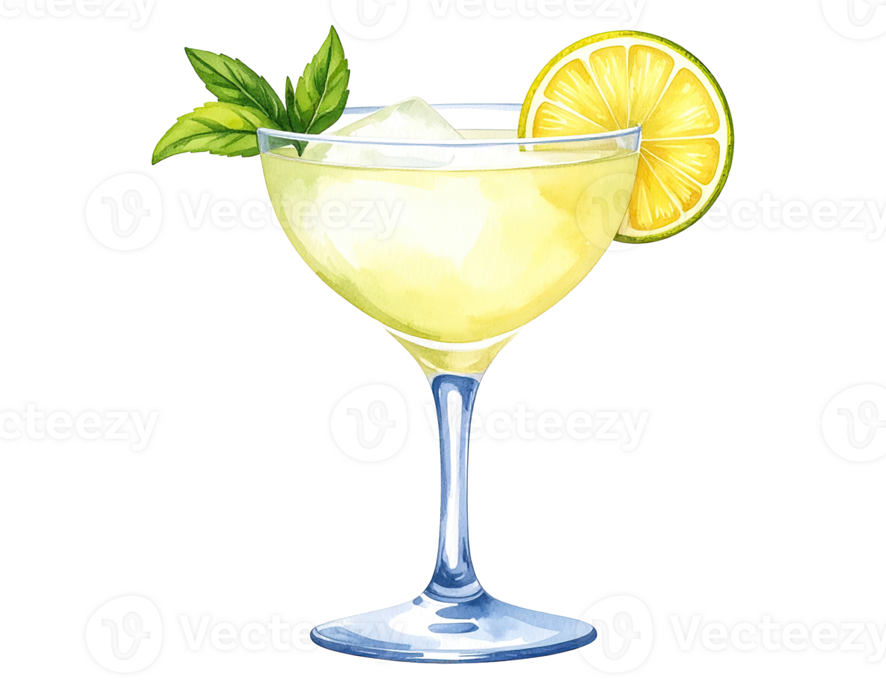 Watercolor illustration of a classic Gimlet cocktail with lime garnish. png