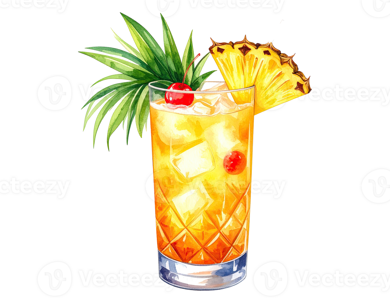 Mai Tai cocktail art featuring watercolor texture and bold colors. png