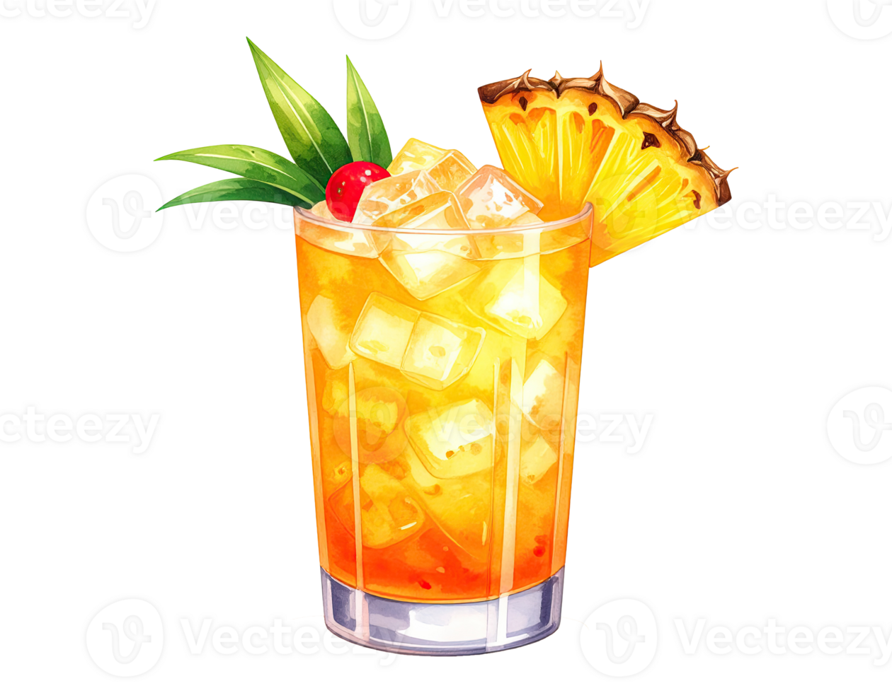Artistic watercolor Mai Tai cocktail, perfect for summer vibes. png
