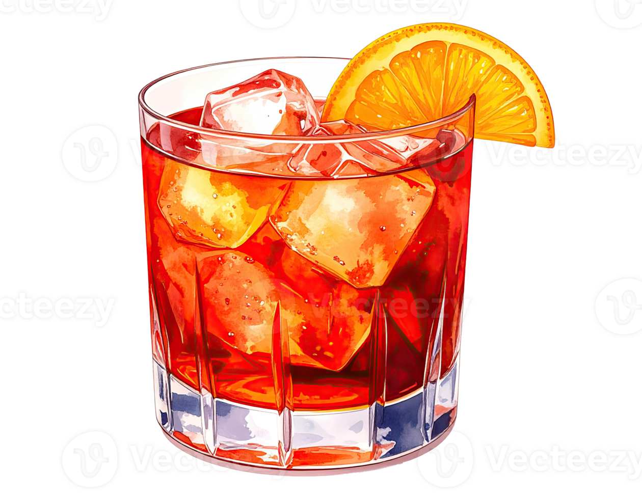 Watercolor illustration of a Negroni cocktail with orange garnish. png