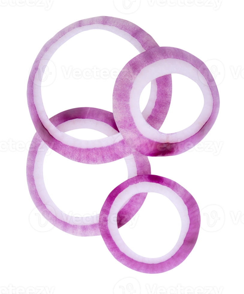 Top view and flat lay of fresh red or purple onion rings or slices in stack isolated with clipping path in file format png