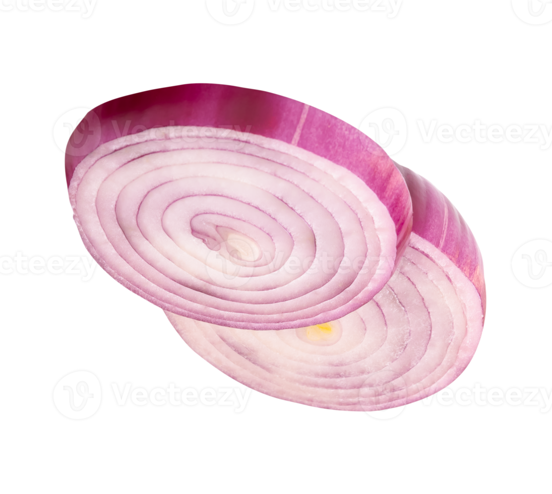 Two Spanish onion or red onion slices in stack isolated in file format png