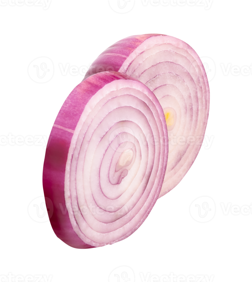 Red Spanish onion slices in stack isolated in file format png