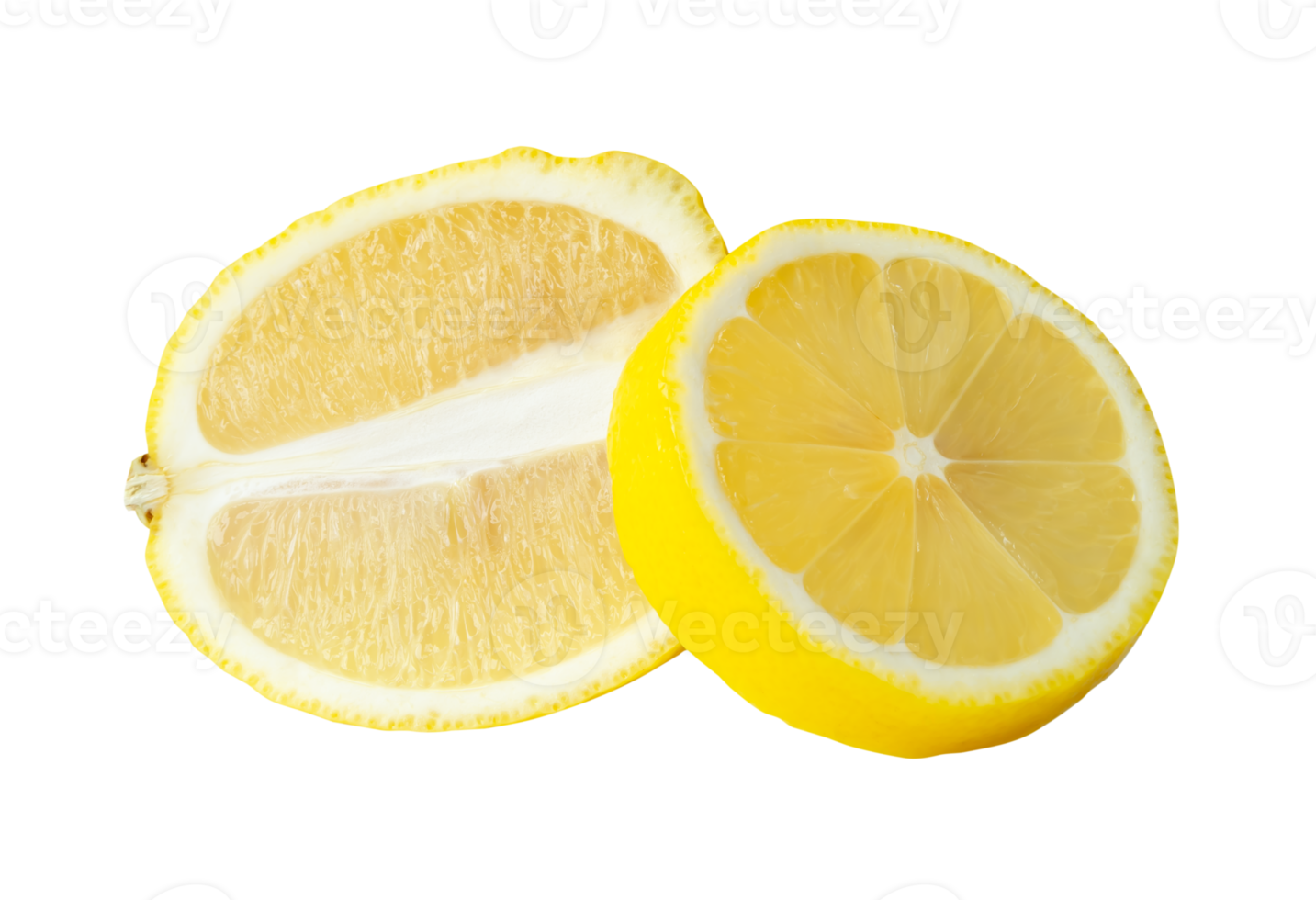 Front view of ripe yellow lemon fruit in slices in circle and oval shape in stack isolated with clipping path in file format png