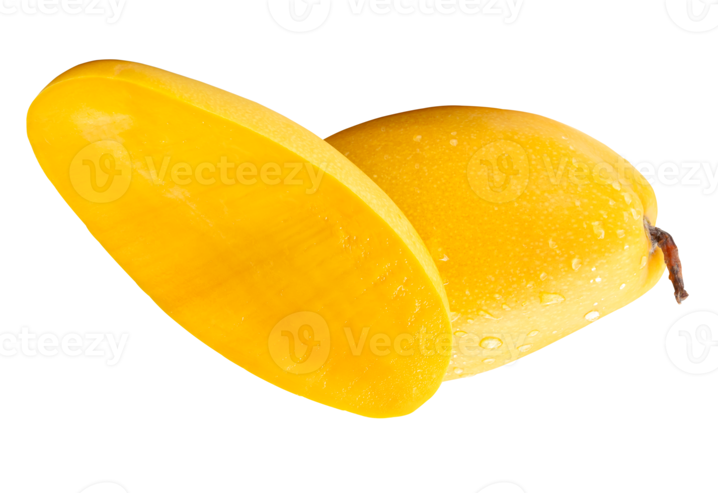 Single ripe yellow mango with half and water drops in stack isolated with clipping path in file format png