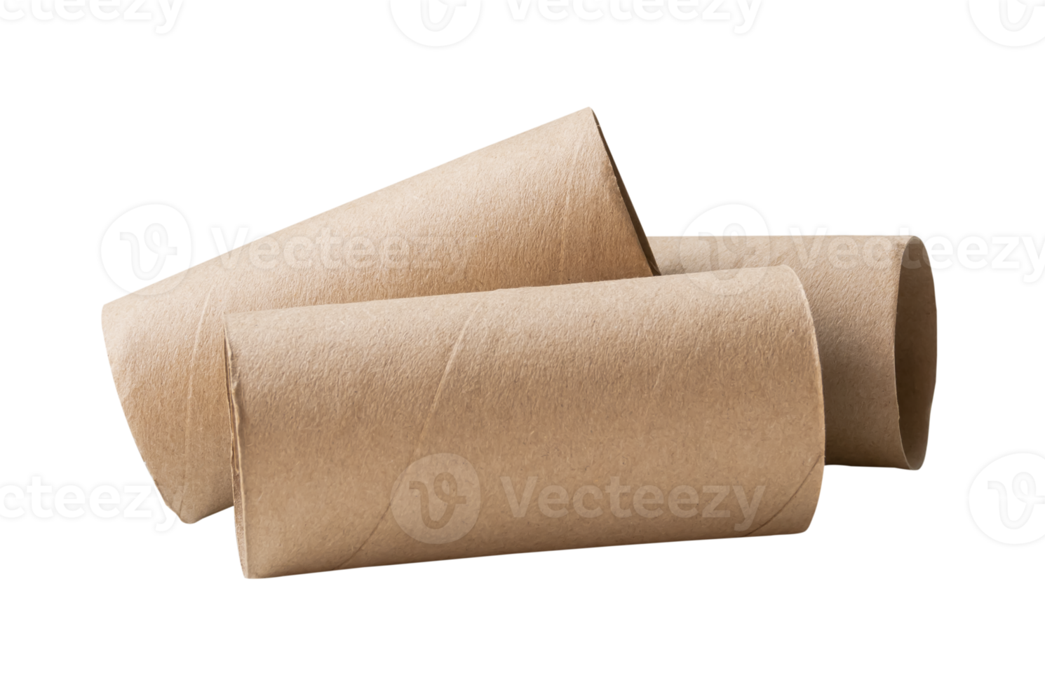 Side view of tissue paper cores or toilet paper tubes after used out of paper in stack isolated with clipping path in file format png